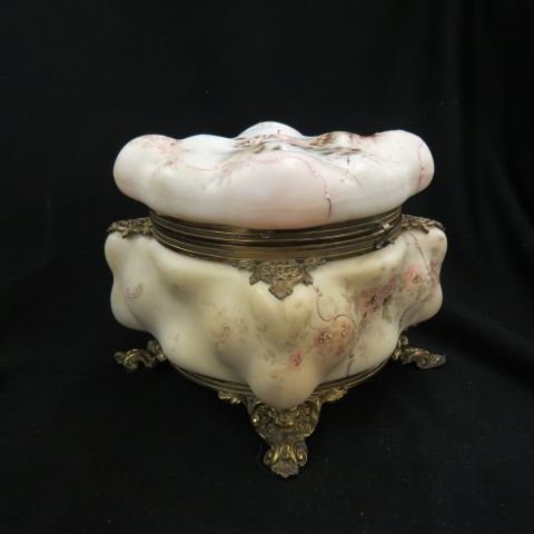 Wavecrest Art Glass Handkerchief Box,: large, child on top, footed, egg crate or puffy design, 6 1/2", signed.