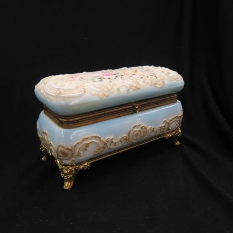 Wavecrest Art Glass Glove Box,: footed, floral decor, #232-E.V., 4" x 9 1/2", signed.