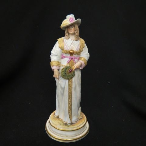 Meissen Porcelain Figurine of a Lady: wtih hat & fan, crossed swords mark, 8 1/2", excellent.