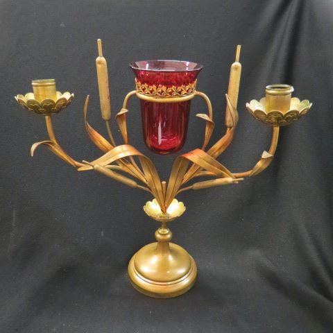 Victorian Brass Candelabra with Cranberry: glass vase, holder has cat tail decor, 12", circa 1870.