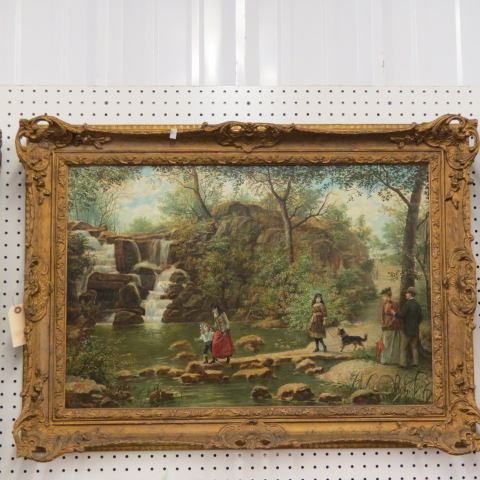 Pedro De Viga, oil,: family along a rocky stream, waterfall in distance, well done, on canvas, image area 30" x 20", gold frame.