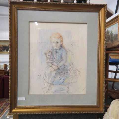 L.P. Moretti;: watercolor, young mother with infant, well listed artist, approx. image area 16" x 13"....The art of Lucien Moretti combines the keen observations of a dedicated people-watcher and the talents of a gi
