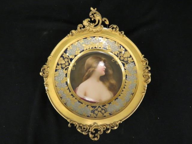 Wagner Beehive Porcelain Portrait Plate,: Odalisque, young woman, handpainted, signed, late 19th century, 9" plate in fancy gilt frame, porcealin excellent, frame has little loss.