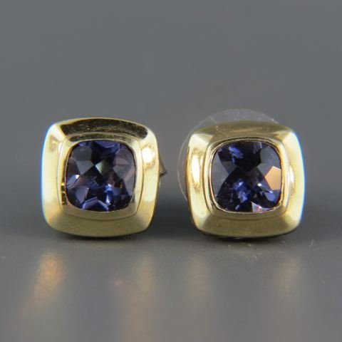 David Yurman 14k Gold & Sterling Iolite Earrings,: rich cushion cut gems totaling 4 carats, pierced, signed, 1/2" wide.