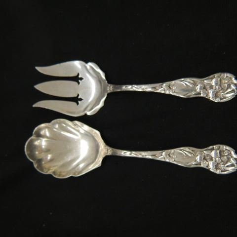 International "Lily" Sterling Silver Salad Set: , 8 1/2" long, by Watson, a top pattern since 1902, monogram "G", 207 grams.