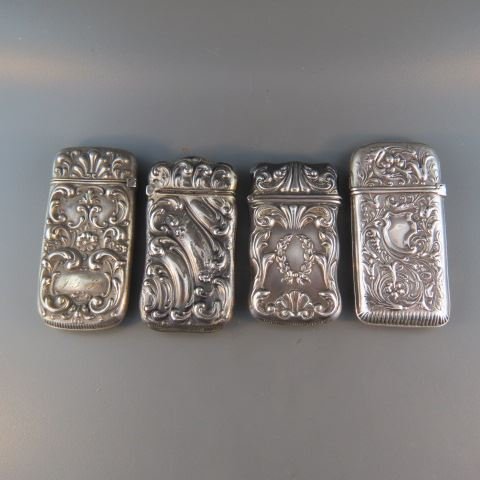 4 Sterling Silver Match Safes,: mostly Art Nouveau, includes Wood & Hughes.