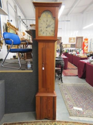 Early Seth Thomas Grandfather Clock,: pine case, wooden works, wooden handpainted lid, working.