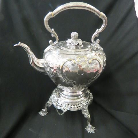 English Silverplate Hot Water Kettle,: on stand, melon finial, 16" tall, 19th century.
