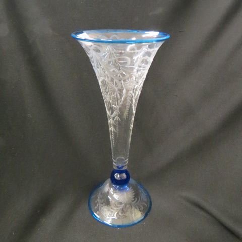 Pairpoint Art Glass Vase,: etched design, blue trim, trumpet shape, 11 1/2".