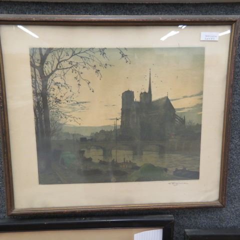 Tavik Frantisek Simon, etching,: color soft-ground & aquatic, circa 1920's, scent with Nortre Dame Apse in Winter, Pairs, image area approx. 14 5/8" x 11 3/4".