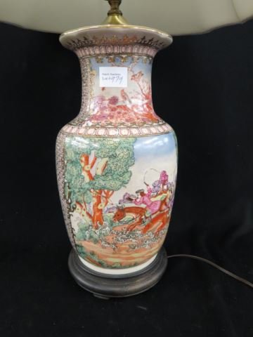 Chinese Handpainted Pottery Lamp,: fox hunt scene, 14" body.