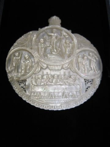 Carved Abalone Shell Plaque, various religious: scenes including the last supper, 7" diameter.