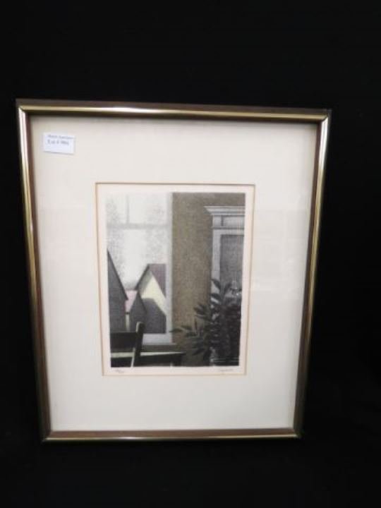 Robert Kipress, lithograph, Studio Window",: signed & numbered #106 of 150, image area 5 7/8"x 8"....Robert Kipniss, painter and printmaker, was born in New York City in 1931. He creates essentially monochromatic*, stylized vistas with natural a