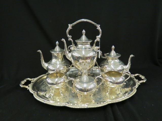 Silverplate Tea & Coffee Service,: with hotwater kettle, coffeepot, teapot, creamer, sugar, waste & tray.