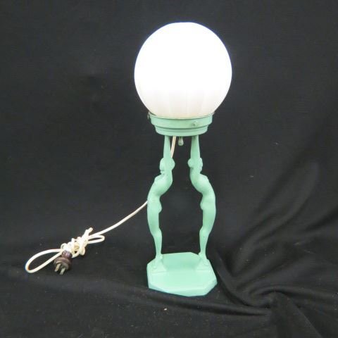 Art Deco Figural Lamp, signed FRANKART: two nudes holding up a globe, green finish, Frankart style, 12" body, plus 5" shade.