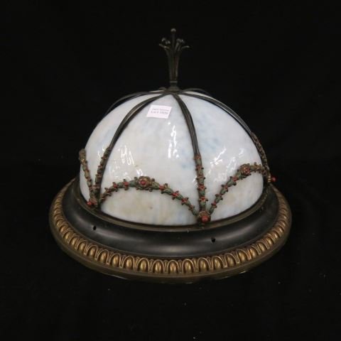 Art Deco Ceiling Fixture,: white opalescent slag glass with floral garland trim, overall 16" diameter.