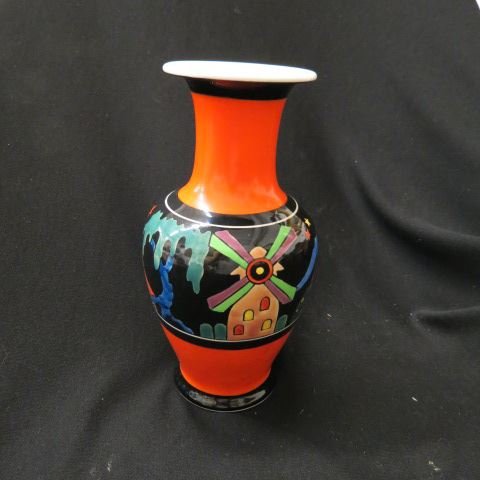 Art Deco Pottery Vase,: landscape with windmill, vivid orange & black trim, 10", excellent, in style of Clarice Cliff.