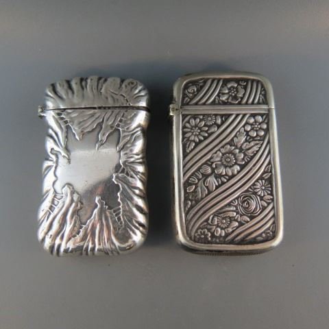 2 Pairpoint Silverplate Match Safes,: tobacco leaf & floral.