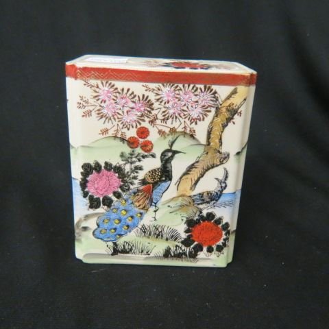 Oriental Vase, flower arranger top,: rectangular, peacock and floral.