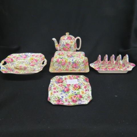 6 pcs. Royal Winton "Summertime" Chintz;: toast rack, nut dish, with spoon, trivet, individual teapot & butter dish, excellent.