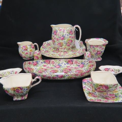 12 pcs. Chintz China,: mostly "Summertime" by Royal Winton, includes pitcher, sugar, creamer, celery boat, salts, plate, salt & pepper, excellent (except sugar bowl lacking lid).