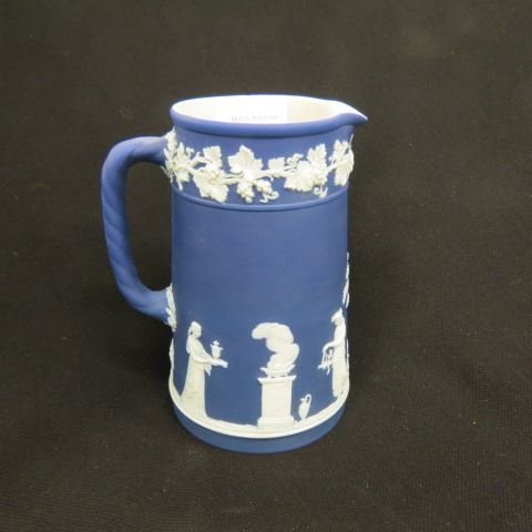 Wedgwood Dark Blue Jasperware Pitcher,: classical figures in the garden, 6", excellent.
