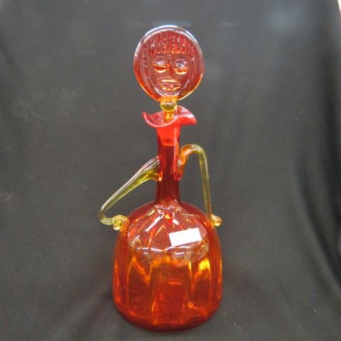 Art Glass Decanter,: vivid orange with yellow trim & figural stopper, 13", possibly Blenko, excellent.