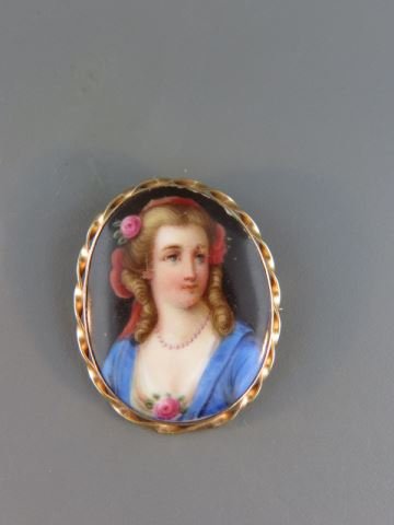 14k Gold Brooch with Miniature Portrait,: of young lady, on porcelain, oval, 1 3/4" X 1 1/4", yellow gold, circa 1890