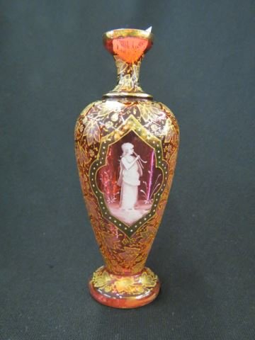 Mary Gregory Victorian Cranberry Glass Vase,: enameled, panel with young lady surrounded by elaborate gold work, 7 1/2", excellent.....Mary Gregory glass is easily recognised by its simplicity and naïve charm. There is a myth that Mary Gregory (