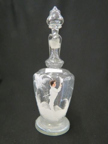 Mary Gregory Victorian Enameled Decanter,: "dandy" boy with hat, handled, 11 1/2", excellent...Mary Gregory glass is easily recognised by its simplicity and naïve charm. There is a myth that Mary Gregory (Miss) was an old lady who painted the