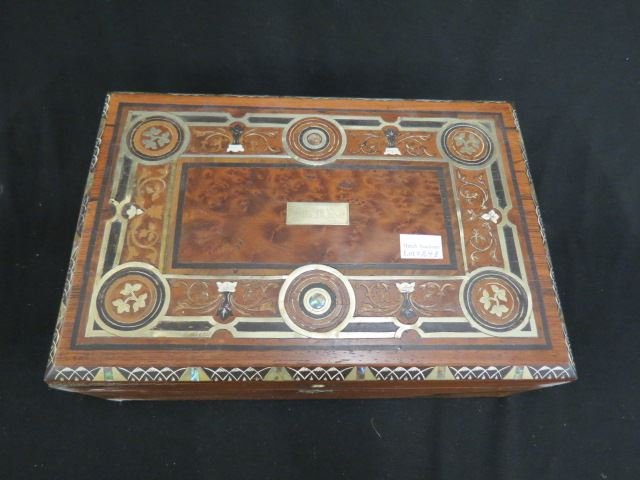 19th Century Inlaid Lap Desk,: fancy metal, wood and abalone inlay, 13" X 18" open