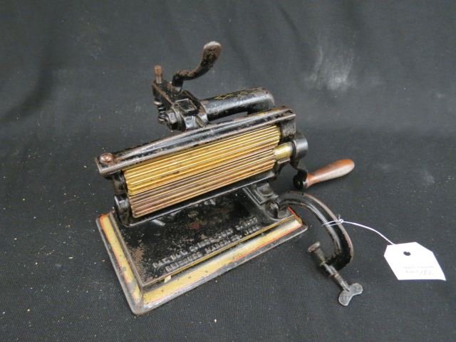 Victorian Clothes Crimping Machine,: hand crank, iron by "Penn", 1886