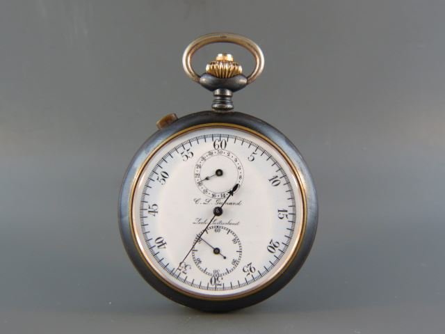 Antique Stopwatch by C.L. Guinard,: Swiss, 7 jewels, gun metal case, working
