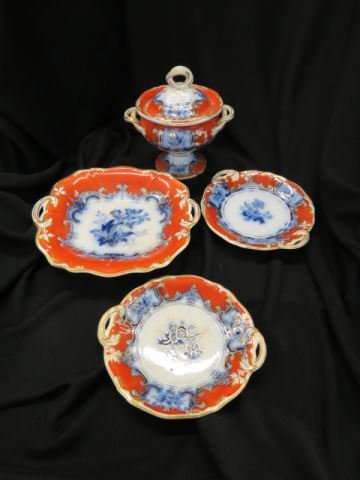 4 pcs. Early English Ironstone,: tureen, underplates & cake plate.