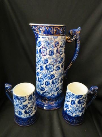Flow Blue Ironstone Pitcher and 2 Mugs,: overall floral, gold trim, 13 1/2" pitcher, excellent