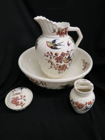 English Ironstone Pitcher and Bowl,: set with matching soap box and toothbrush holder, bird and floral, circa 1900