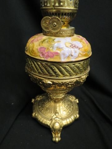 Victorian Oil Lamp,: majolica and gold metal work, John Scott burner, 12" body