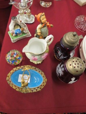 7 pc. Estate Lot,: French brass and opaline salt cellar, English fairing, R.S. Germany creamer, paperweight, Hummel (chip), cranberry syrup and muffineer