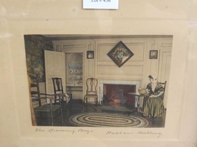 Wallace Nutting Print "The Sparkling Blaze",: lady seated by the fire, image area 6 1/2" X 4 1/2", signed