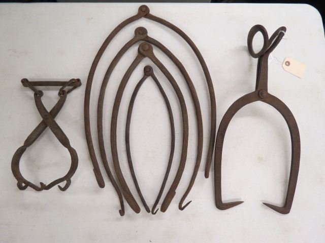 5 Hand Forged Iron Tongs, Ice and others.: 5 Hand Forged Iron Tongs, Ice and others.