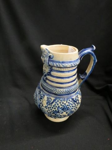German Pottery Stein,: blue and grey salt glaze, town crest, figural spot, 9 1/2"