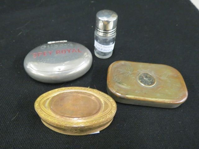 3 Early Patch or Snuff Boxes: Including a Gilberys Scotch Wiskey advertising, one with compass, one voal gold filled, together with a sterling top pocket jar