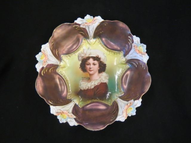 R.S. Prussia Porcelain Portrait Bowl,: "LeBrun", young lady, Tiffany style irridescent & floral border, circle mark, 9 1/2".