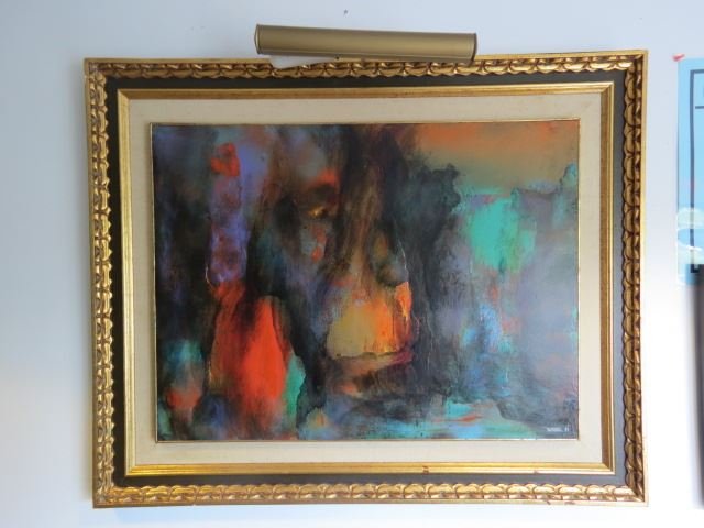 Leonardo Nierman, acrylic, "The Cave",: well listed artist, gallery label of B. Lewis Galleries, Beverly Hills, Ca., signed and dated 1966, on masonite, image area 24" X 31 1/2"....Artist's BiographyLeonardo Nierman's paintings vibrantly co