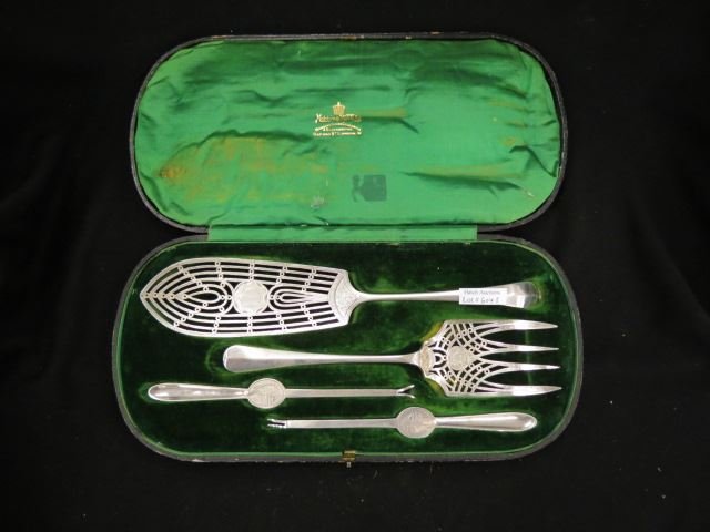 English Victorian Silverplate Fish Set,: by Mappin & Webb, in original box, elaborate openwork, even has a pair of lobster picks, circa 1880.