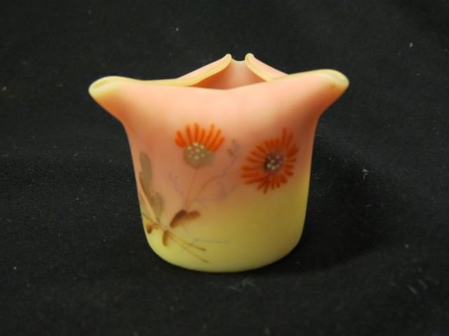 Peachblow Art Glass Toothpick Holder,: enameled floral, triangular tops, 2", excellent, scarce.