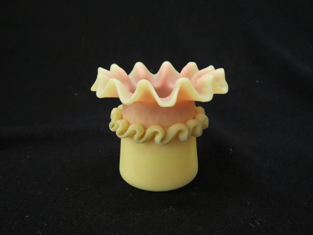 Burmese Peachblow Art Glass Toothpick Holder,: applied ruffle design, diamond quilted ruffle top, 2 1/2", excellent, scarce.