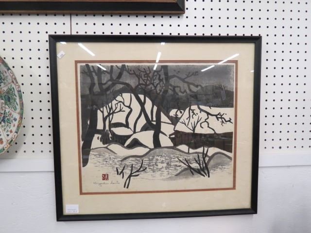 Kiyoshi Saito, woodblock,: "Winter in Aizu", signed, image area 18" x 15", well listed Japanese artist....Japanese artist Kiyoshi Saito did not have it easy. Nature endowed him with an impulse for art and the drive to make the