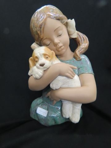 Lladro Porcelain Figurine of Young Girl: & Puppy, Gres finish, 13 1/2" tall, excellent.