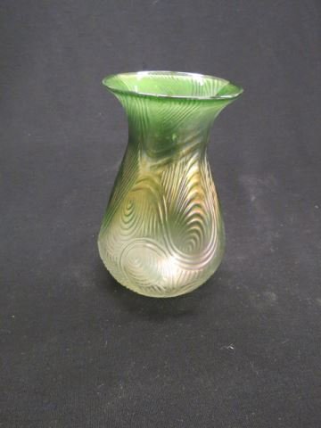 Loetz Art Glass Vase,: "Spiraloptisch", wavy design on pinch green to clear body, 6 1/4", excellent